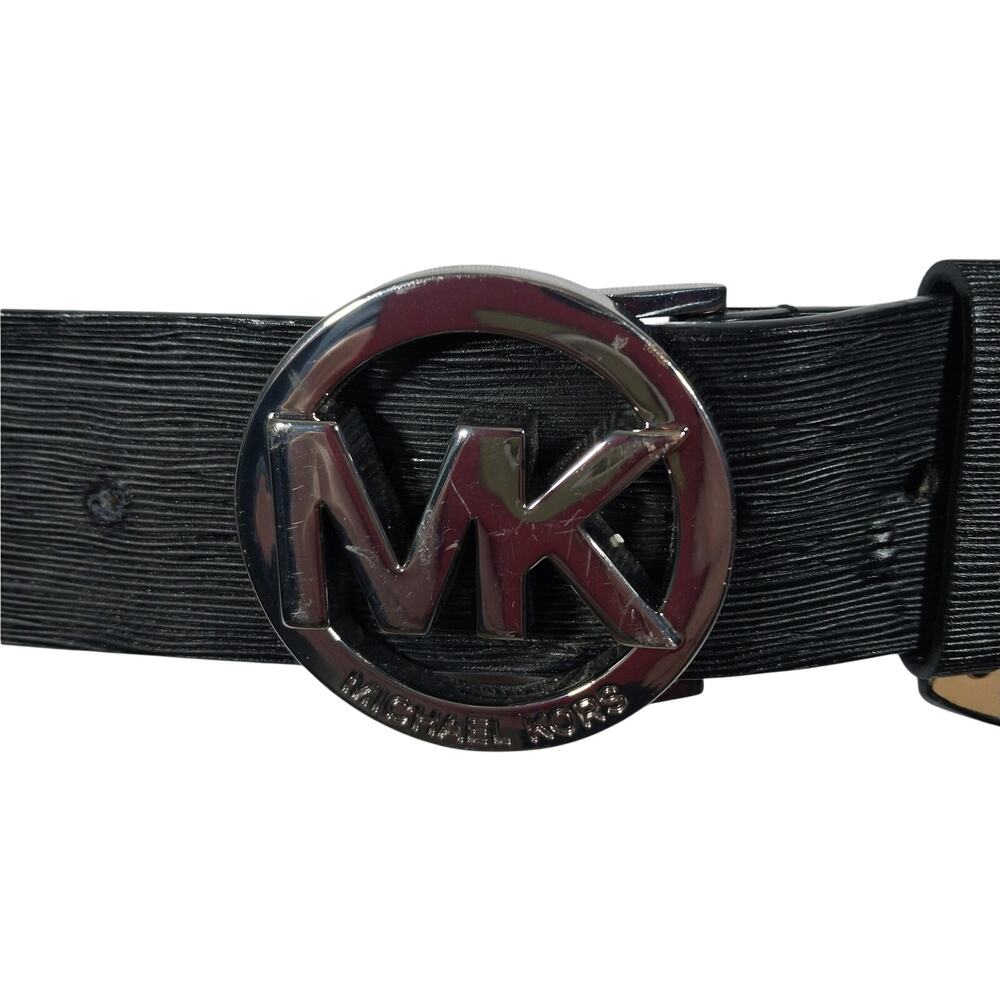 MICHAEL BY MICHAEL KORS! BLACK TEXTURED GENUINE LEATHER SILVER LOGO BUCKLE BELT!